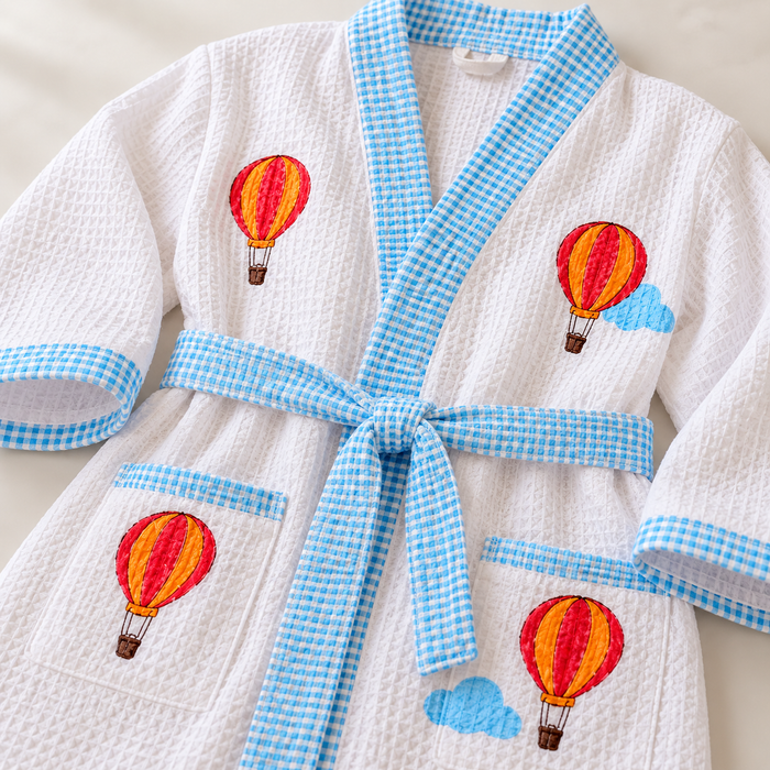 Hot Air Balloon Print Hand Block Printed Kids Bathrobe – Waffle Cotton