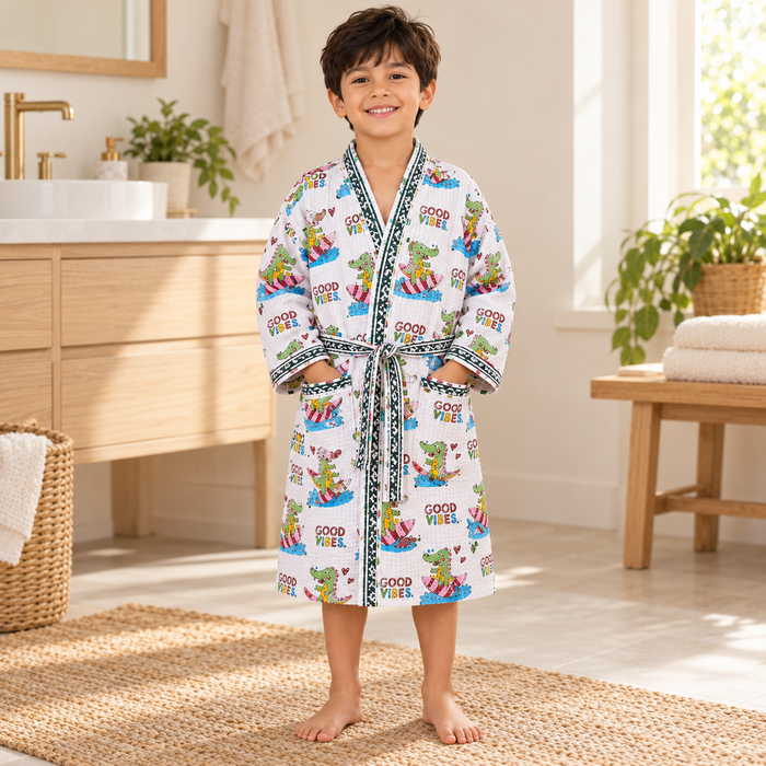 Good Vibes Surfing Crocodile Print Hand Block Printed Kids Bathrobe – Waffle Cotton