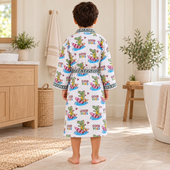 Good Vibes Surfing Crocodile Print Hand Block Printed Kids Bathrobe – Waffle Cotton