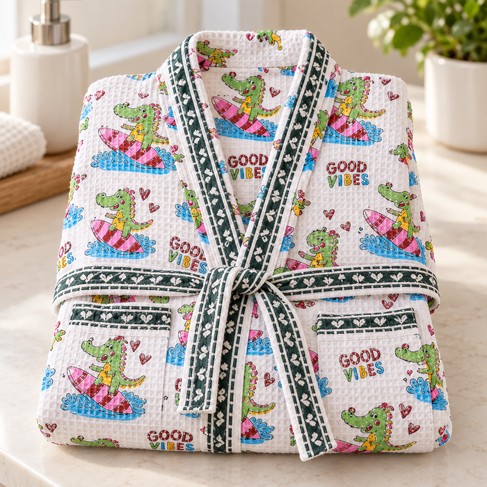 Good Vibes Surfing Crocodile Print Hand Block Printed Kids Bathrobe – Waffle Cotton