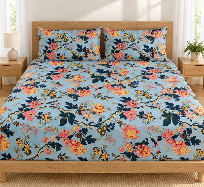 Coral Peony Blue Floral Cotton King Size Bedsheet with 2 Pillow Covers – 100 x 108 Inches