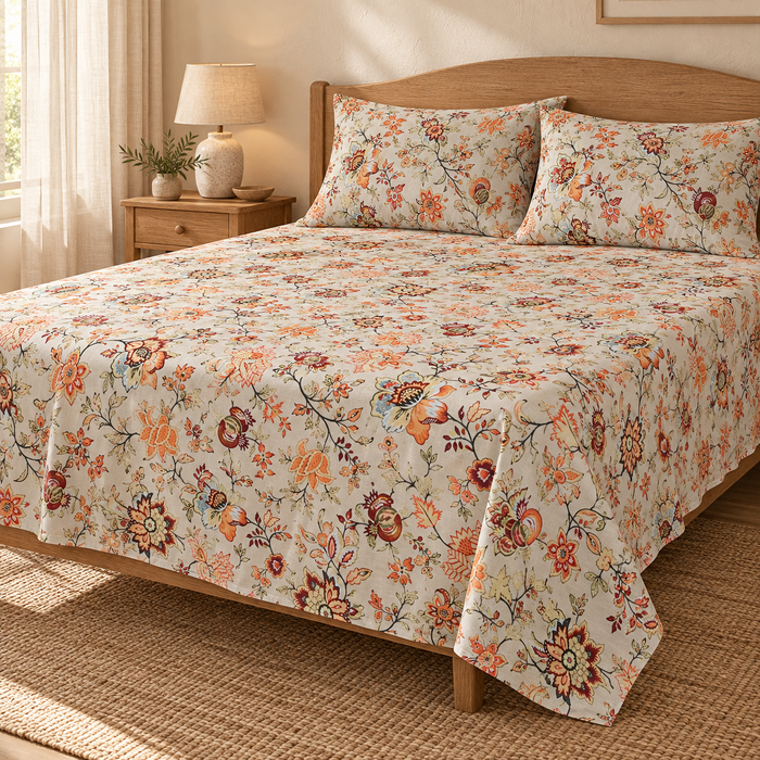 Terracotta Orange Floral Cotton King Size Bedsheet with 2 Pillow Covers – 100 x 108 Inches