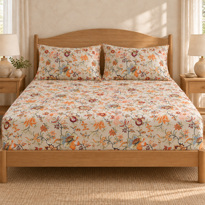 Terracotta Orange Floral Cotton King Size Bedsheet with 2 Pillow Covers – 100 x 108 Inches