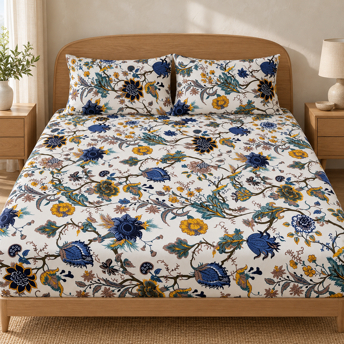 Indigo Mustard Floral Cotton King Size Bedsheet with 2 Pillow Covers – 100 x 108 Inches