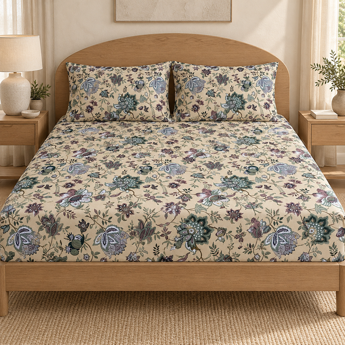 Jacobean Sage Floral Cotton King Size Bedsheet with 2 Pillow Covers – 100 x 108 Inches