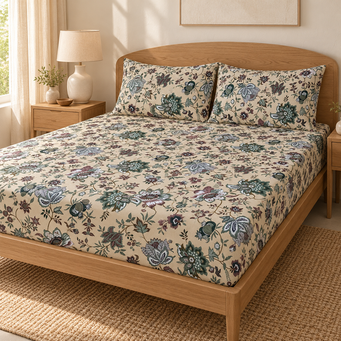 Jacobean Sage Floral Cotton King Size Bedsheet with 2 Pillow Covers – 100 x 108 Inches