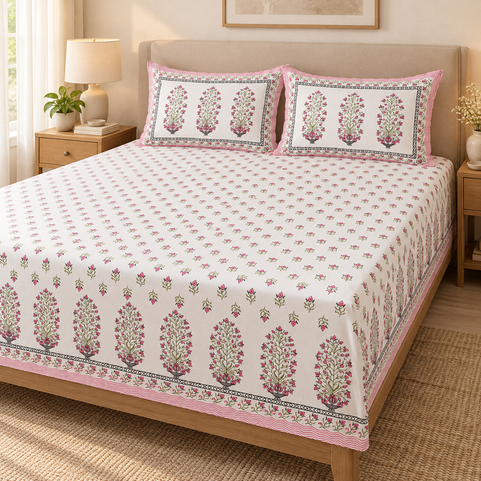 Pink Bouquet Buti Floral Cotton King Size Bedsheet with 2 Pillow Covers – 108 x 108 Inches