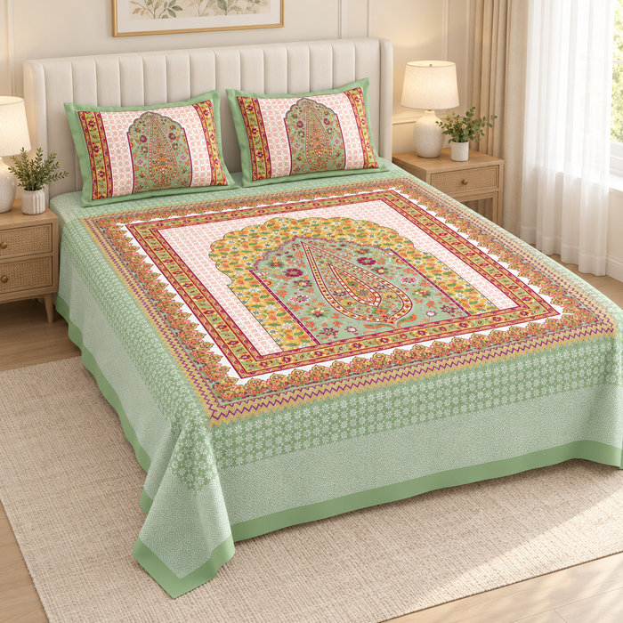 Mint Green Paisley Arch Cotton King Size Bedsheet with 2 Pillow Covers – 108 x 108 Inches