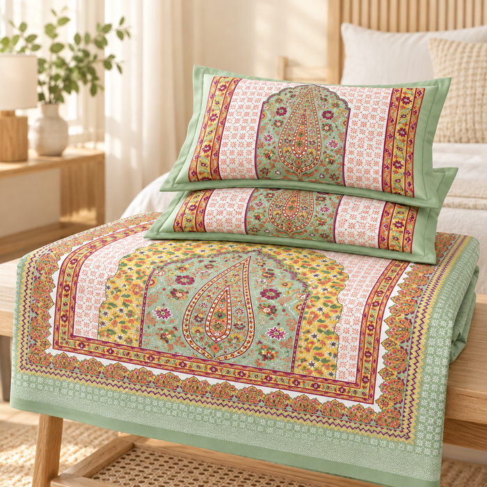 Mint Green Paisley Arch Cotton King Size Bedsheet with 2 Pillow Covers – 108 x 108 Inches