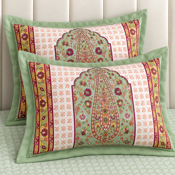Mint Green Paisley Arch Cotton King Size Bedsheet with 2 Pillow Covers – 108 x 108 Inches