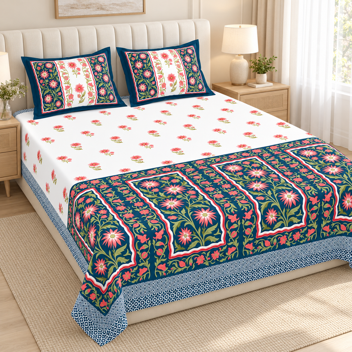 Teal Coral Daisy Cotton King Size Bedsheet with 2 Pillow Covers – 108 x 108 Inches