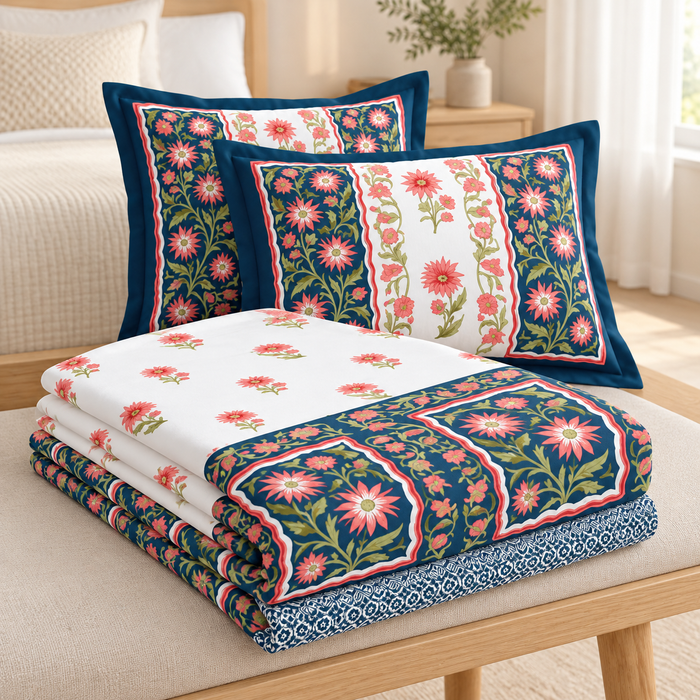 Teal Coral Daisy Cotton King Size Bedsheet with 2 Pillow Covers – 108 x 108 Inches