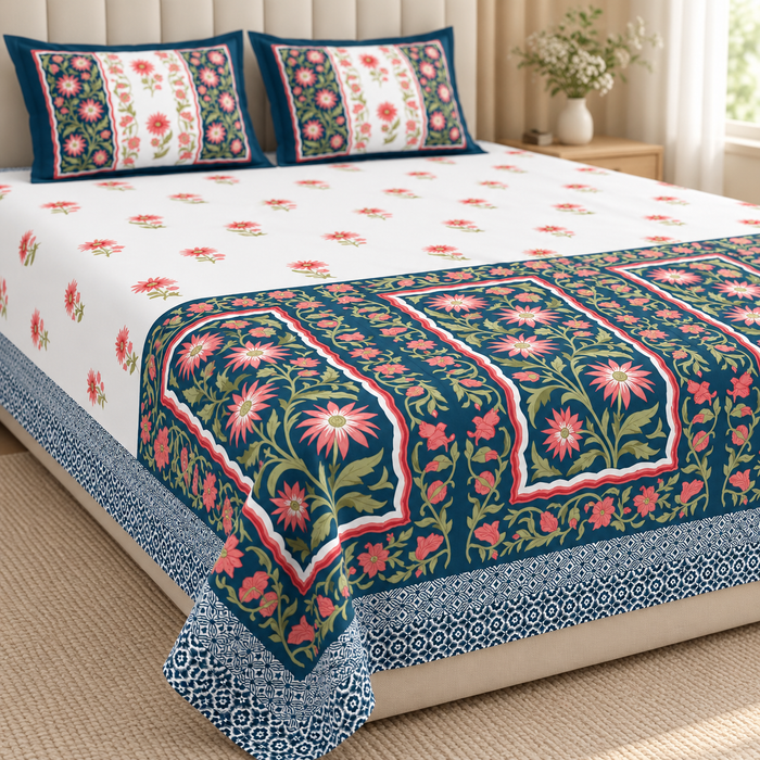 Teal Coral Daisy Cotton King Size Bedsheet with 2 Pillow Covers – 108 x 108 Inches