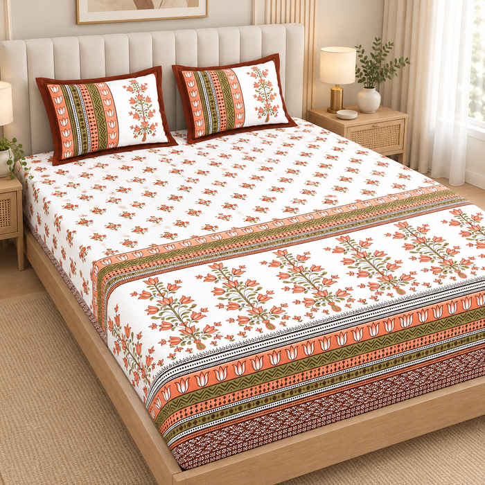 Coral Tulip Bouquet Cotton King Size Bedsheet with 2 Pillow Covers – 108 x 108 Inches