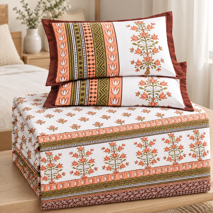 Coral Tulip Bouquet Cotton King Size Bedsheet with 2 Pillow Covers – 108 x 108 Inches