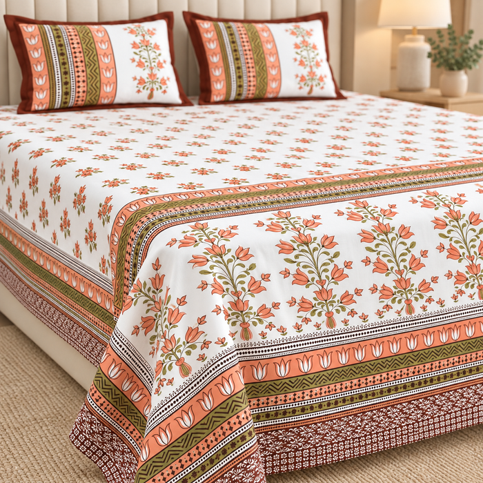 Coral Tulip Bouquet Cotton King Size Bedsheet with 2 Pillow Covers – 108 x 108 Inches