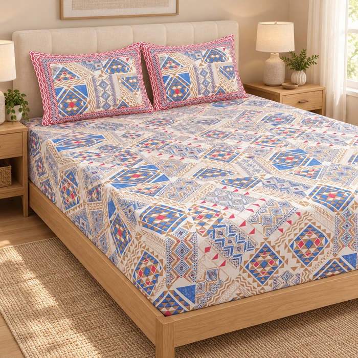 Blue Geometric Patchwork Cotton King Size Bedsheet with 2 Pillow Covers – 108 x 108 Inches