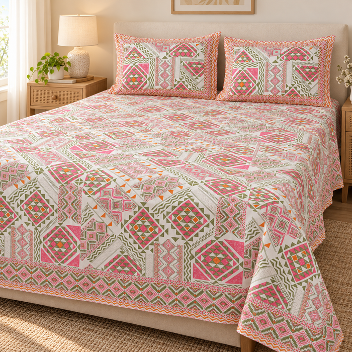 Pink Geometric Patchwork Cotton King Size Bedsheet with 2 Pillow Covers – 108 x 108 Inches