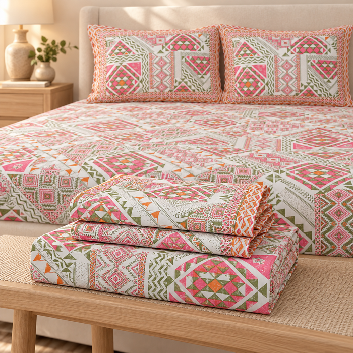 Pink Geometric Patchwork Cotton King Size Bedsheet with 2 Pillow Covers – 108 x 108 Inches