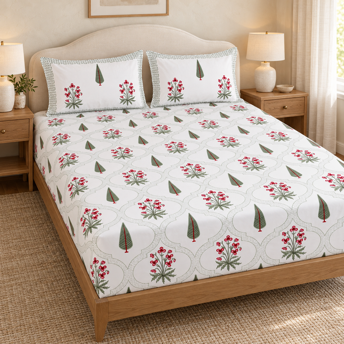 Pink Floral Cypress Trellis Cotton King Size Bedsheet with 2 Pillow Covers – 108 x 108 Inches