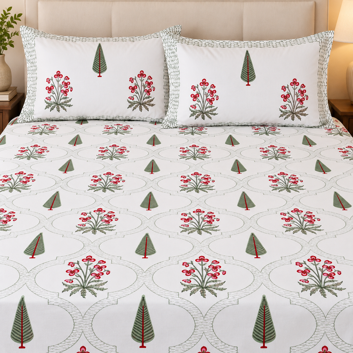 Pink Floral Cypress Trellis Cotton King Size Bedsheet with 2 Pillow Covers – 108 x 108 Inches