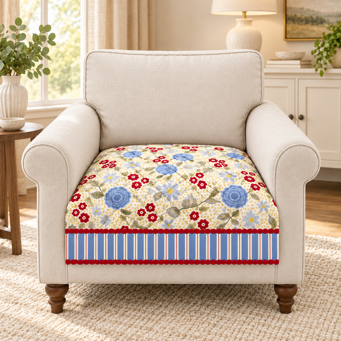 Blue Red Meadow Floral Printed Quilted Sofa Mat – 1 Seater, 2 Seater, 3 Seater