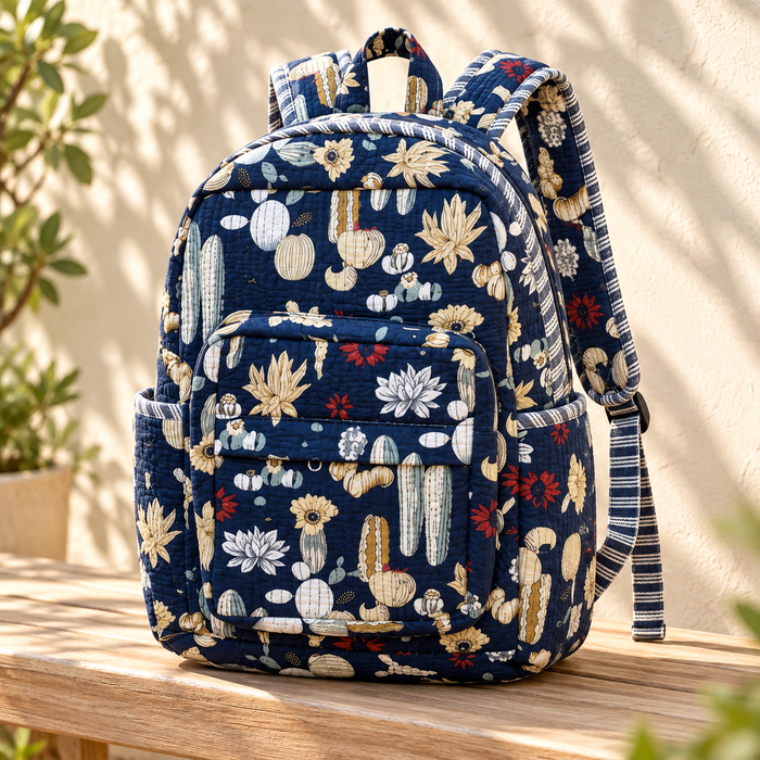 Navy Cactus Print Kinder Multipurpose Kids Backpack – Quilted Cotton