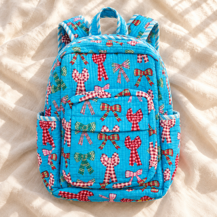 Sky Blue Bow Print Kinder Multipurpose Kids Backpack – Quilted Cotton