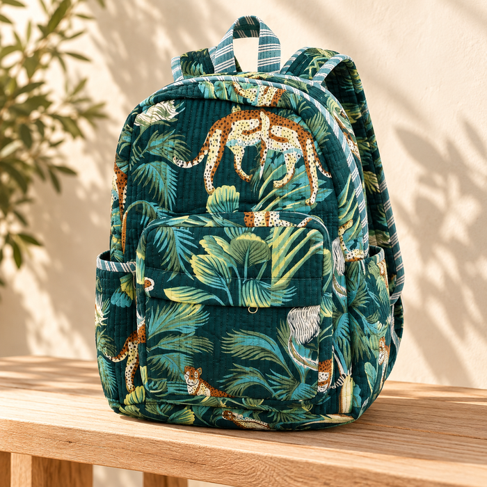 Green Jungle Print Kinder Multipurpose Kids Backpack – Quilted Cotton