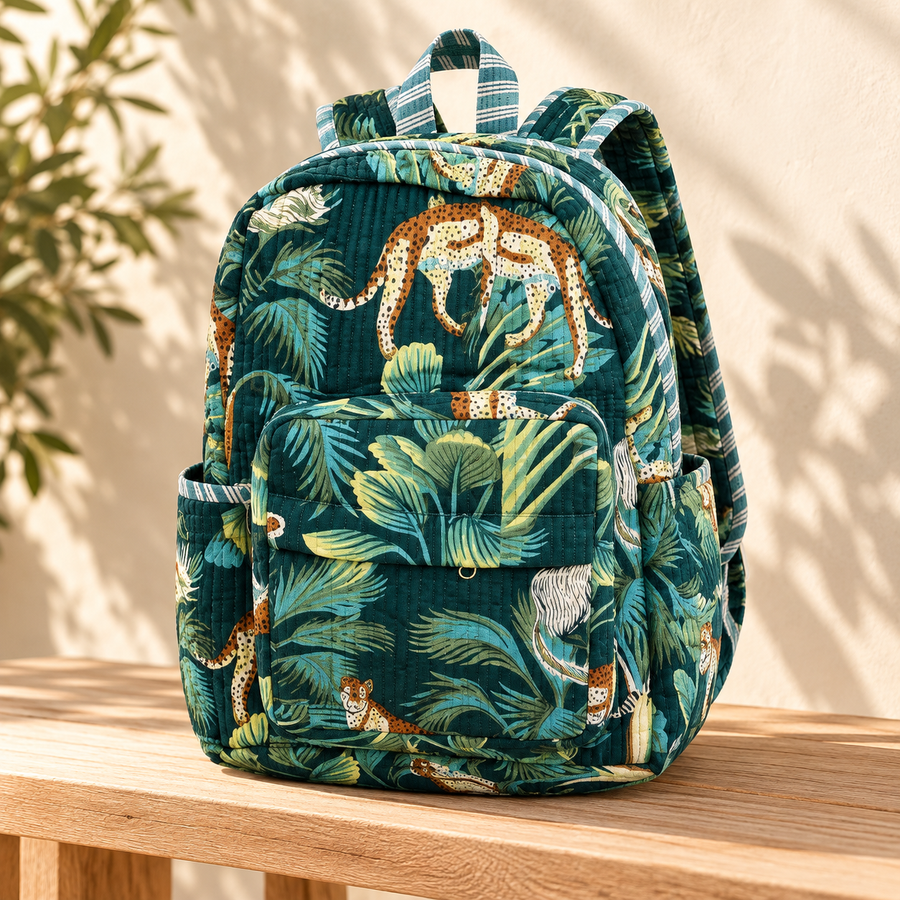 Green Jungle Print Kinder Multipurpose Kids Backpack – Quilted Cotton