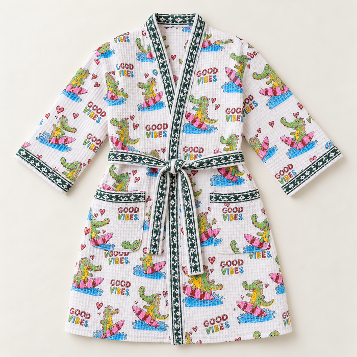 Good Vibes Surfing Crocodile Print Hand Block Printed Kids Bathrobe – Waffle Cotton
