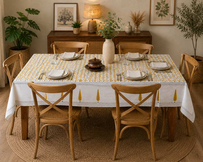 White tablecloth with a small yellow and navy diamond geometric print, mustard teardrop border, shown from another angle with tableware