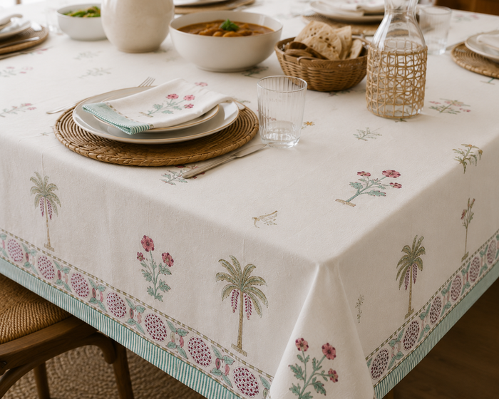 Cream tablecloth with palm-tree motifs and a pink floral border, styled on a set dining table