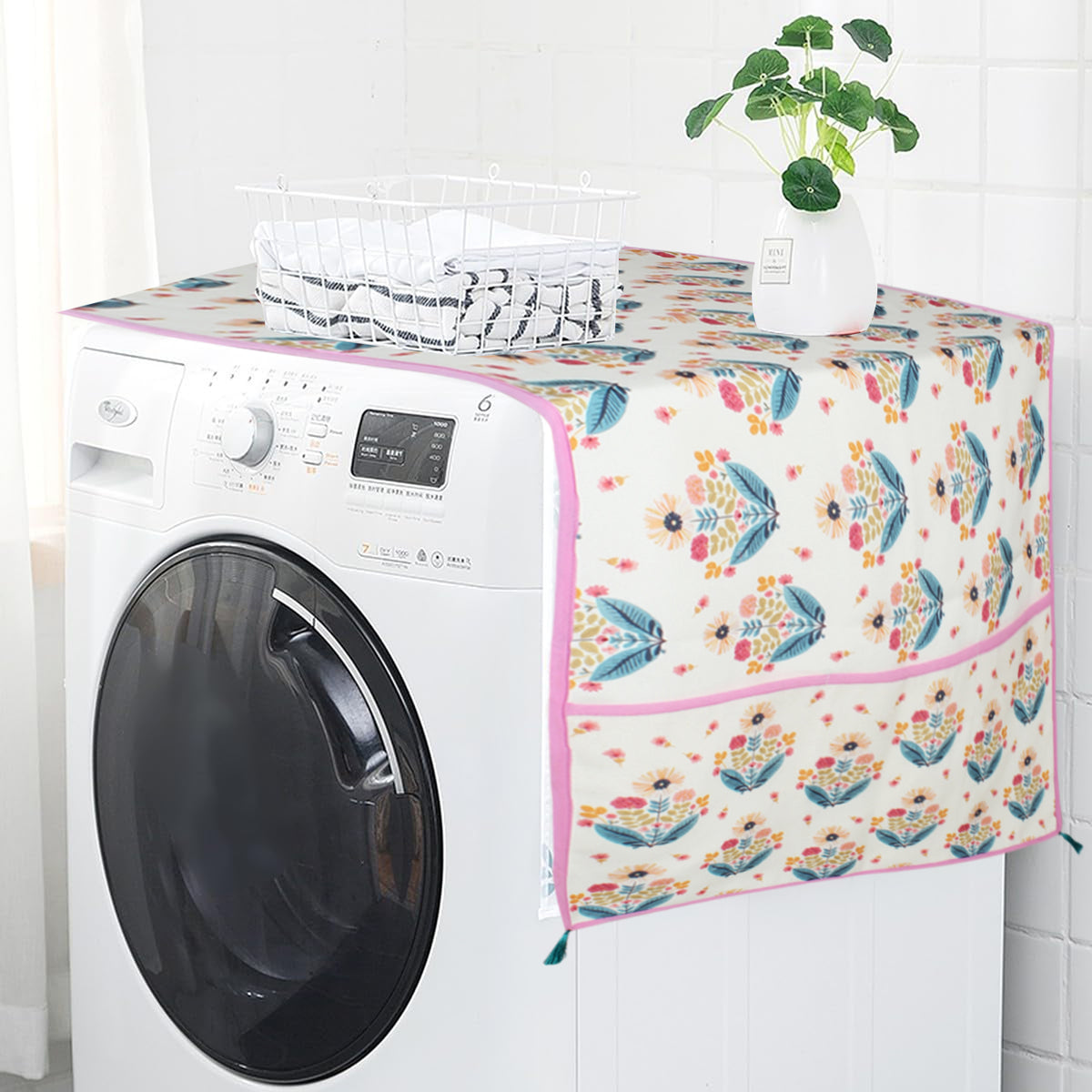Floral bouquet print fridge cover draped over the top of a washing machine