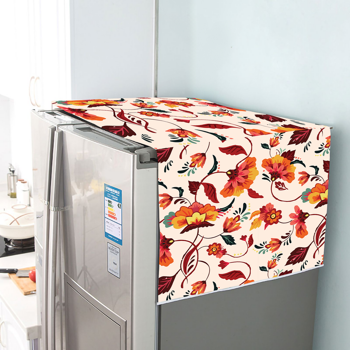 Orange Floral | Premium Quality | Fridge Cover | Fridge Protecter image 0