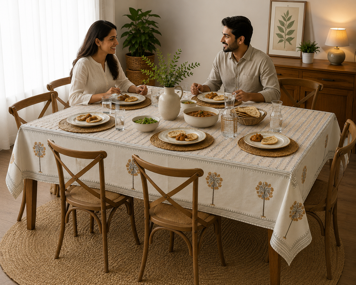 Tree of Life Block Printed Rectangle Table Cloth – 6 Seater