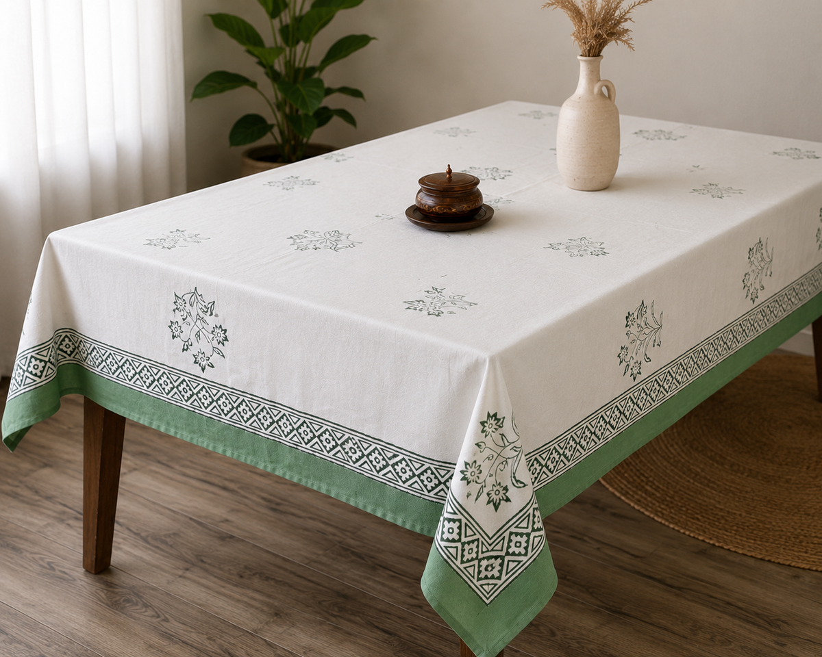 White tablecloth with a sage-green floral block print border and diamond lattice trim, shown draped over the table corner