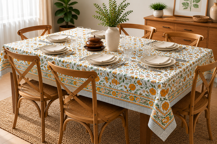 White tablecloth with an orange and green floral print, teal and orange striped border, styled with a full table setting