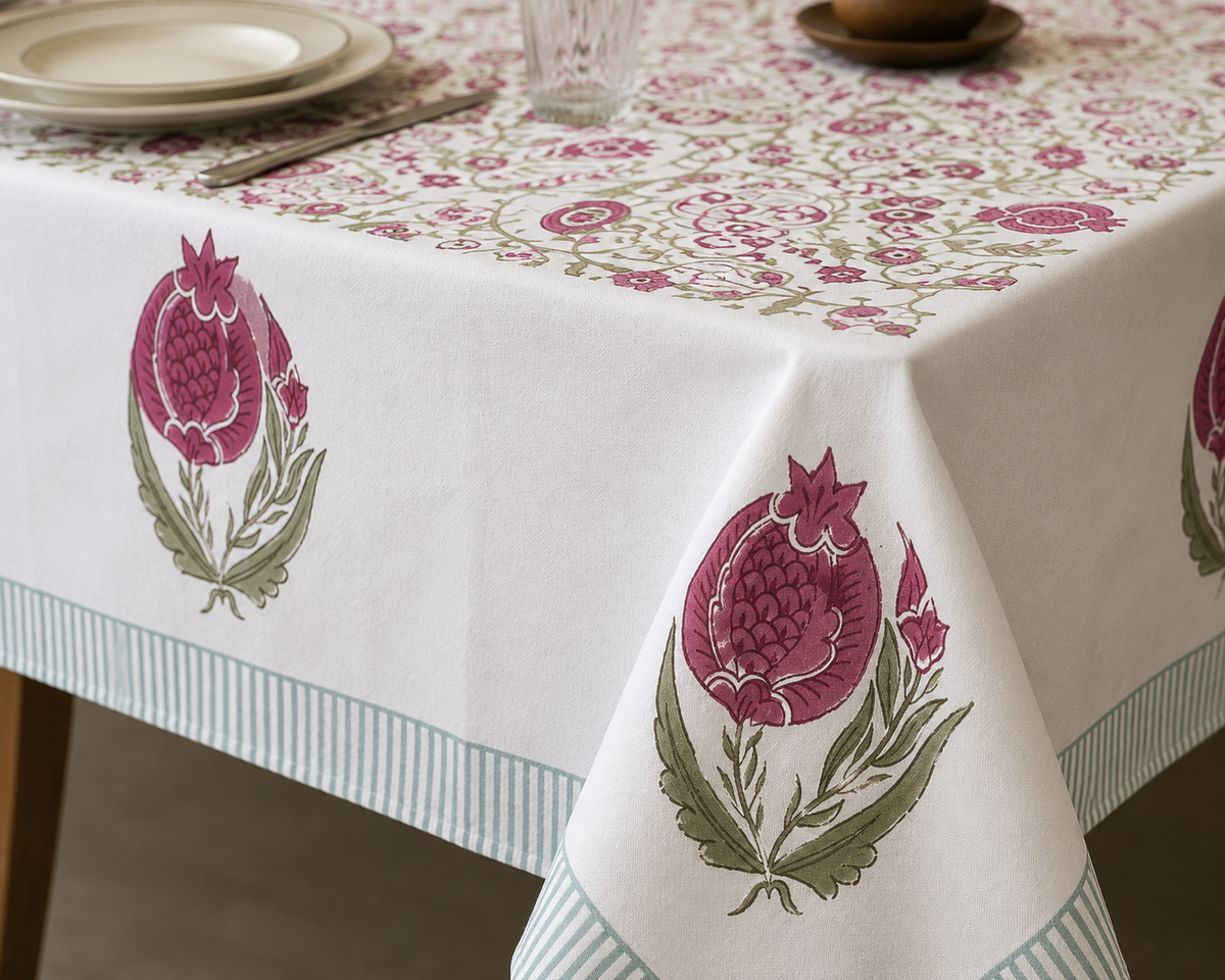 Blush Pomegranate Block Printed Rectangle Table Cloth – 6 Seater