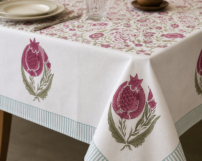 White tablecloth with a pink pomegranate motif and blue-striped border, styled on a set dining table