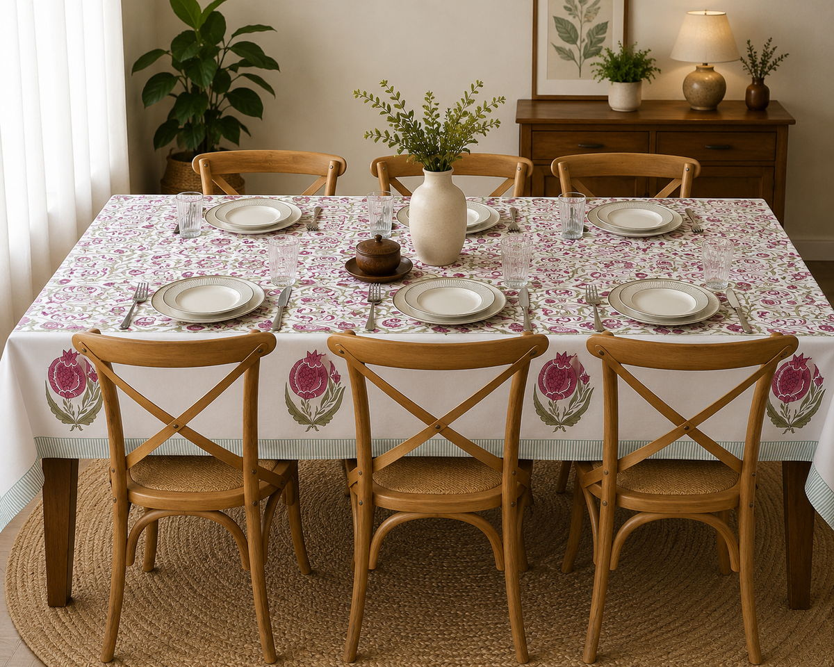 Blush Pomegranate Block Printed Rectangle Table Cloth – 6 Seater