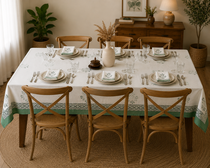 White tablecloth with a sage-green floral block print border and diamond lattice trim, styled on a set dining table