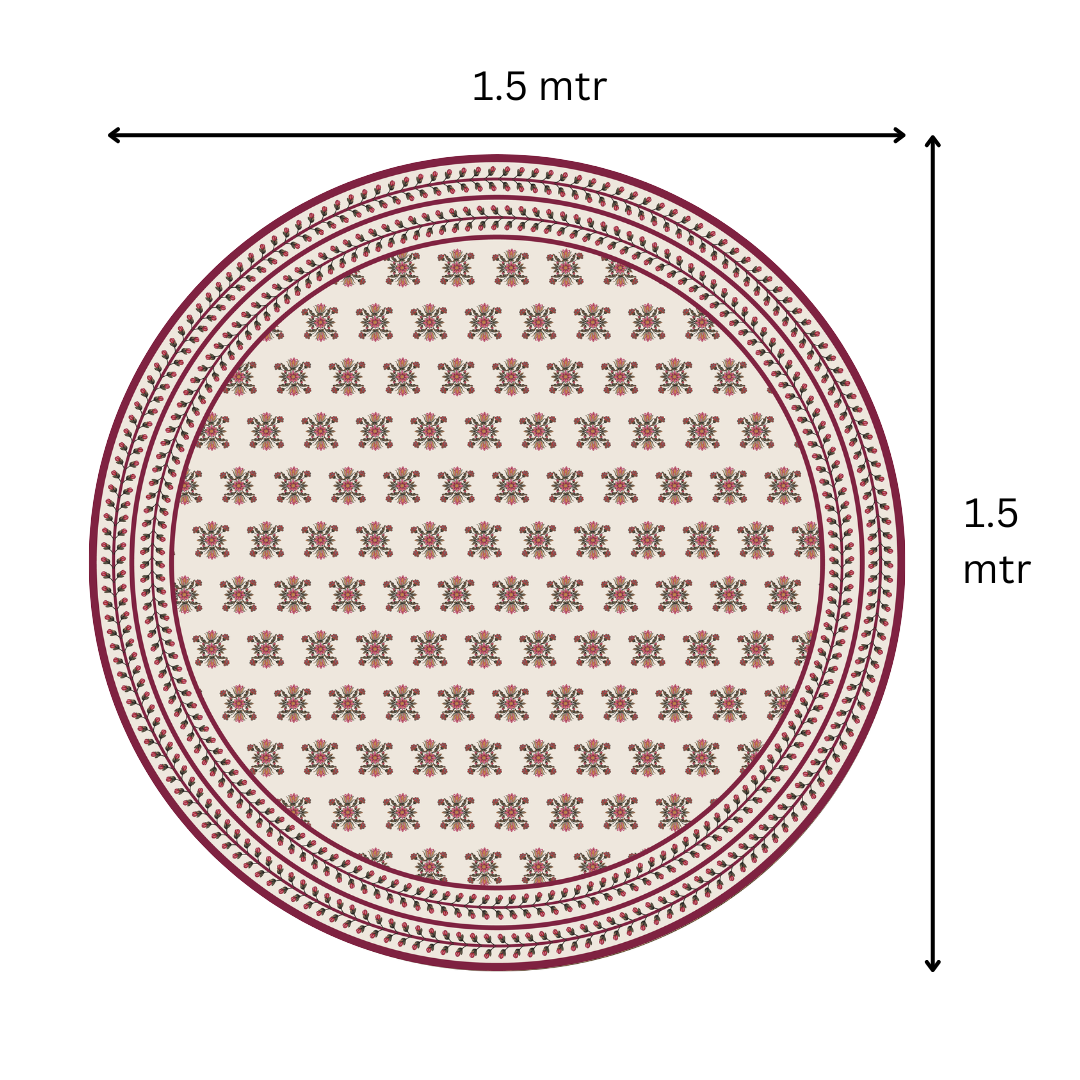 Size chart showing the 1.5 meter round tablecloth with maroon block print swatch