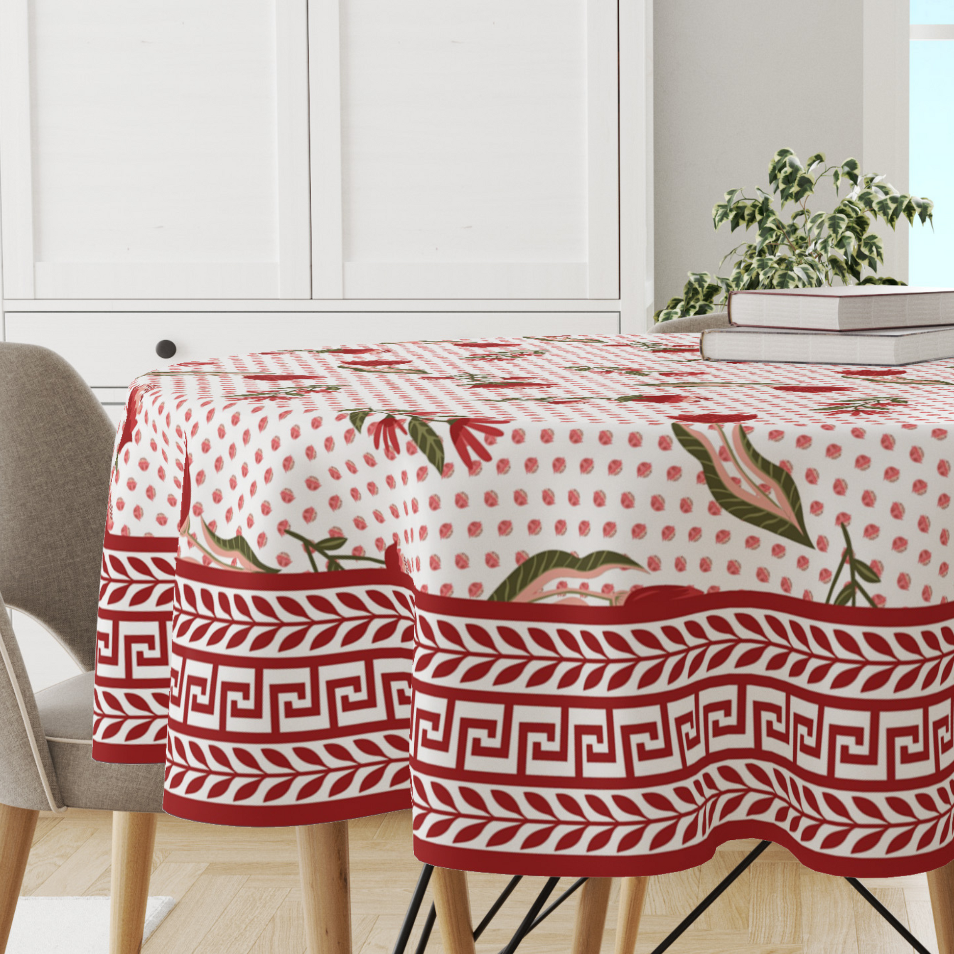 Red Pink Floral | Premium Quality | Table Cloth/ Table Linen | Kitchen Linen image 1