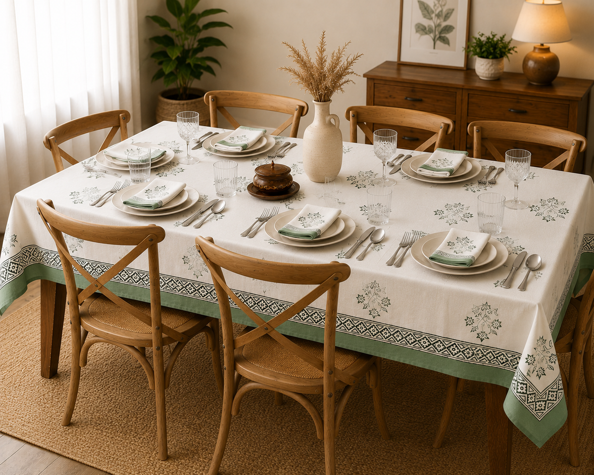 White tablecloth with a sage-green floral block print border and diamond lattice trim, styled on a dining table