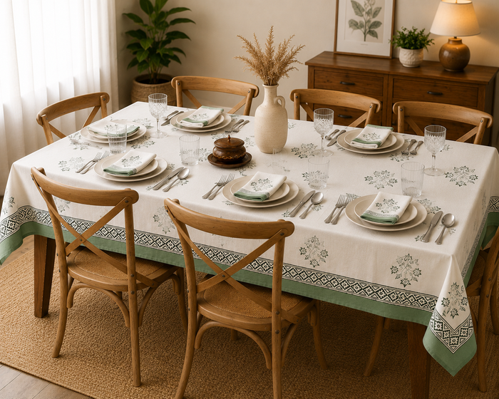 White tablecloth with a sage-green floral block print border and diamond lattice trim, styled on a dining table