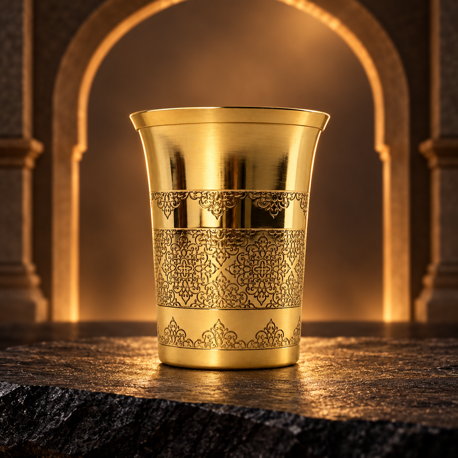 Brass Water Tumbler 300 ml – Handcrafted Floral Engraved Brass Glass