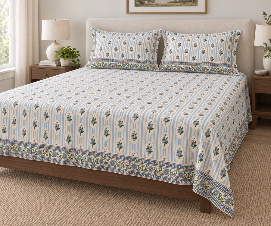 Azure Cameo Stripe Blue Floral Cotton Double Bedsheet with 2 Pillow Covers
