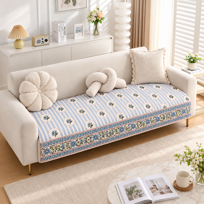 Blue Stripe Floral Border Printed Quilted Sofa Mat – 1 Seater, 2 Seater, 3 Seater