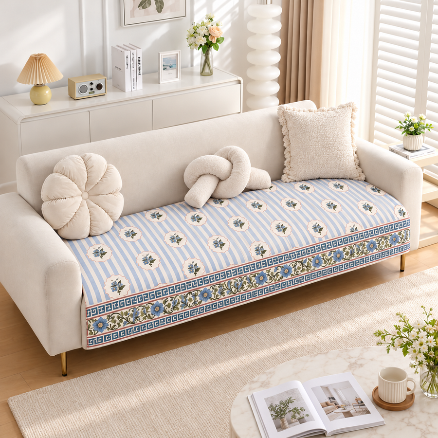 Blue Stripe Floral Border Printed Quilted Sofa Mat – 1 Seater, 2 Seater, 3 Seater